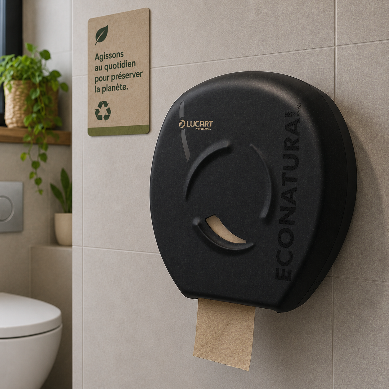 Distributeur en matière recyclée pour papier hygiénique en grand format